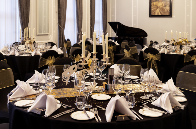 A room set up for dinner